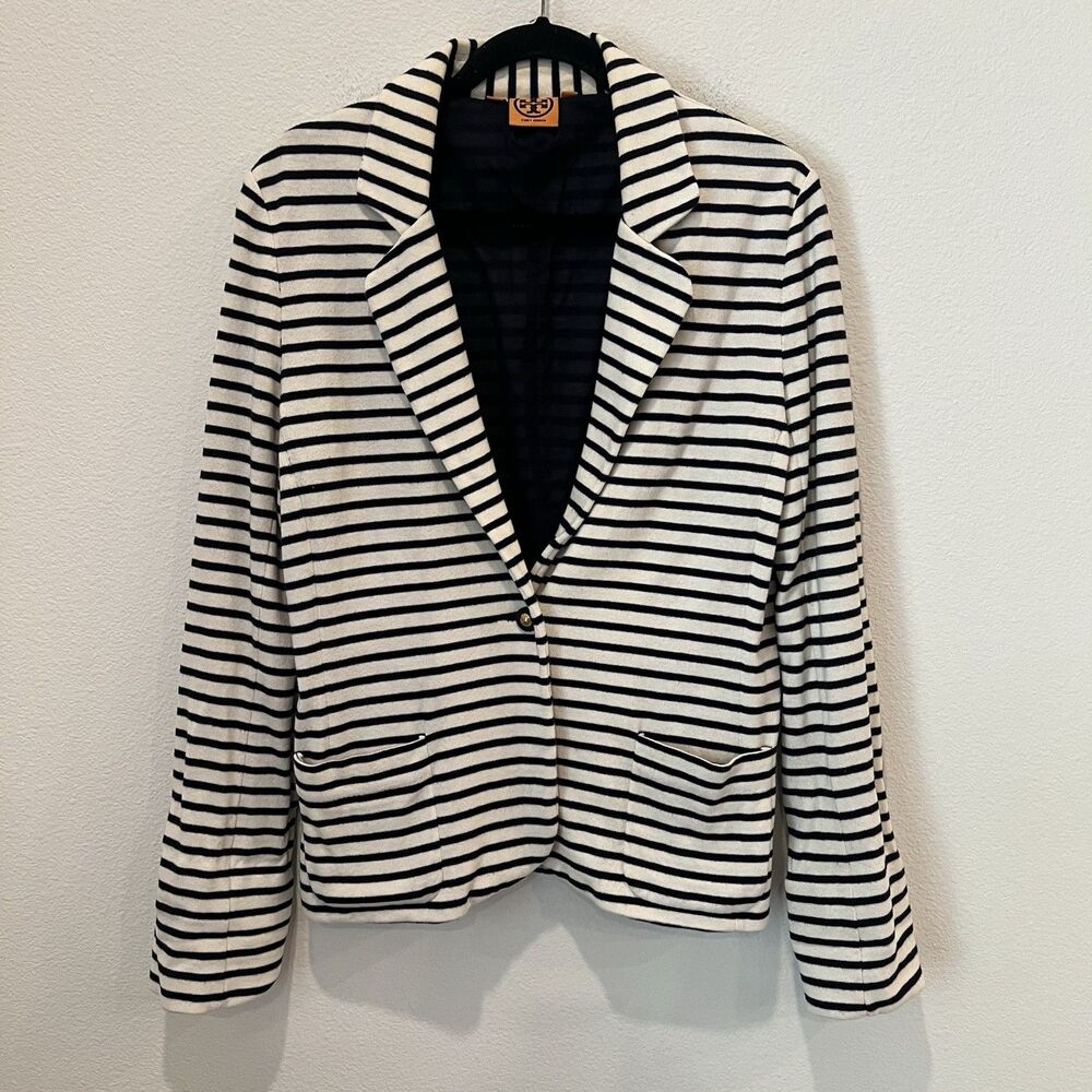 Tory Burch Womens Knit Striped One Button Blazer Jacket Navy White Size Large